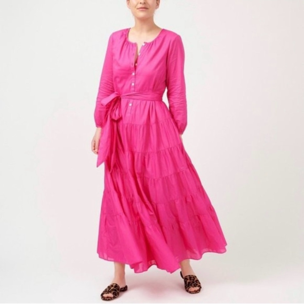 J Crew modest long sleeve maxi belted flamingo Barbie pink tiered dress size XS